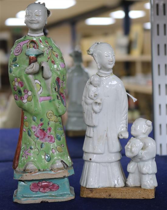 Two Chinese glazed biscuit porcelain figures or groups, late 18th / early 19th century, 17.5cm, both with slight losses